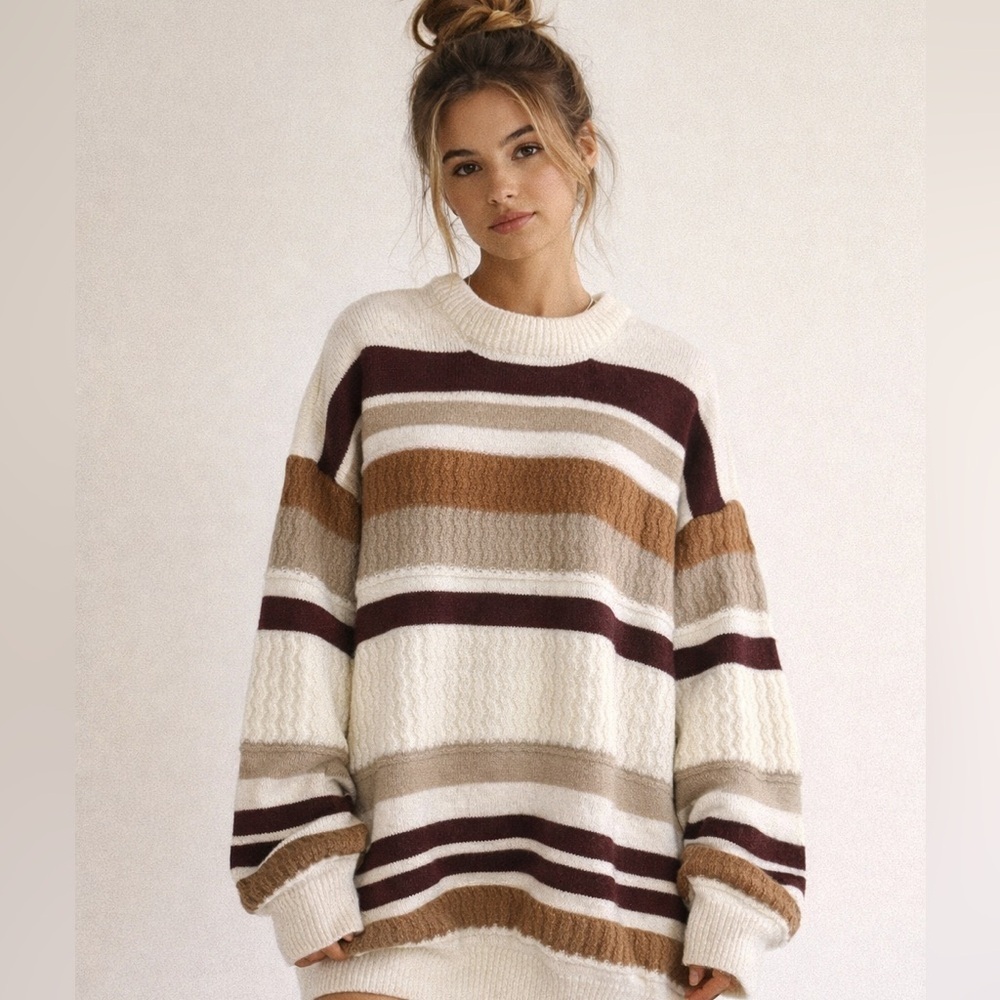 Aelfric Eden | Chunky Knit Striped Oversized Crewneck Grandpa Sweater Neutral